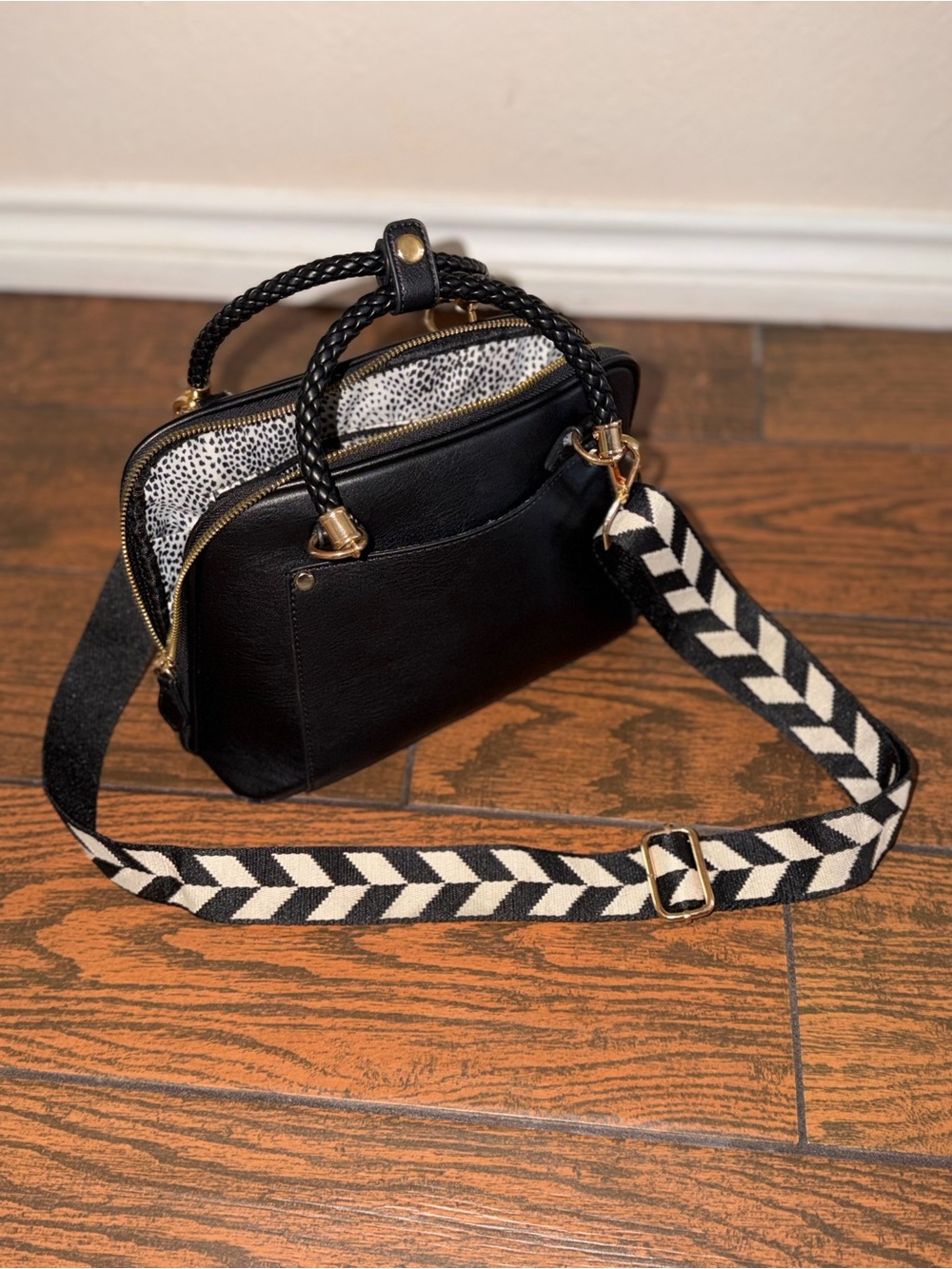 Madison West Black Crossbody Satchel with Black & White Chevron Strap